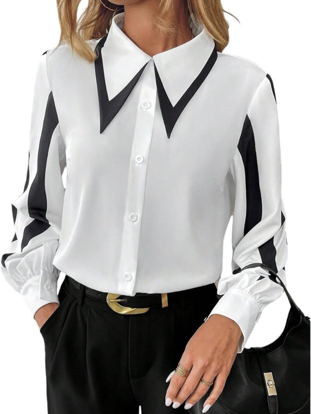 Colorblock Long Sleeve Button Down Blouse | Women's Polyester Work Shirt